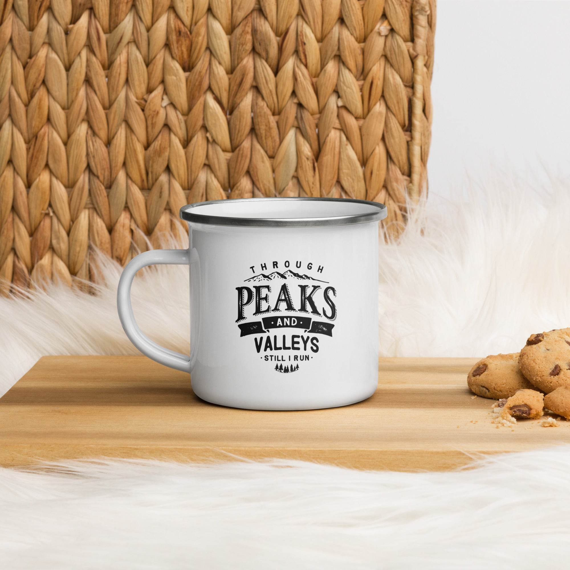 Through Peaks and Valleys — Enamel Camping Mug - Still I Run