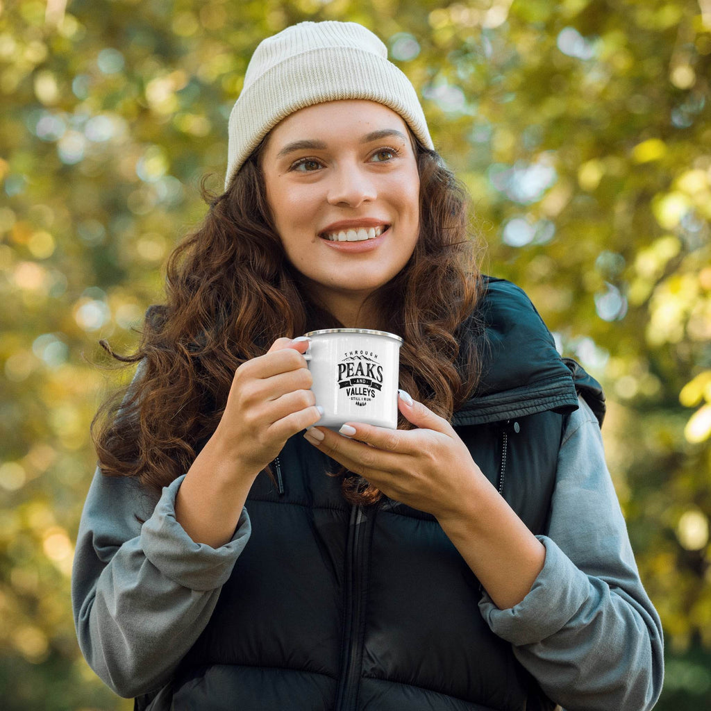 Through Peaks and Valleys — Enamel Camping Mug - Still I Run