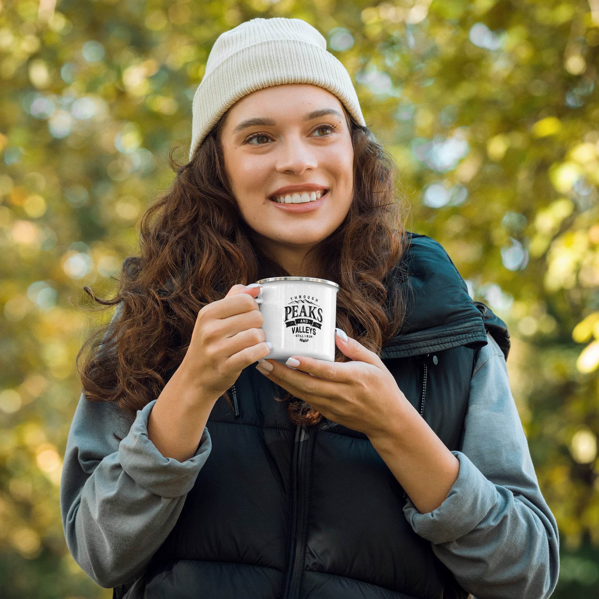 Through Peaks and Valleys — Enamel Camping Mug - Still I Run