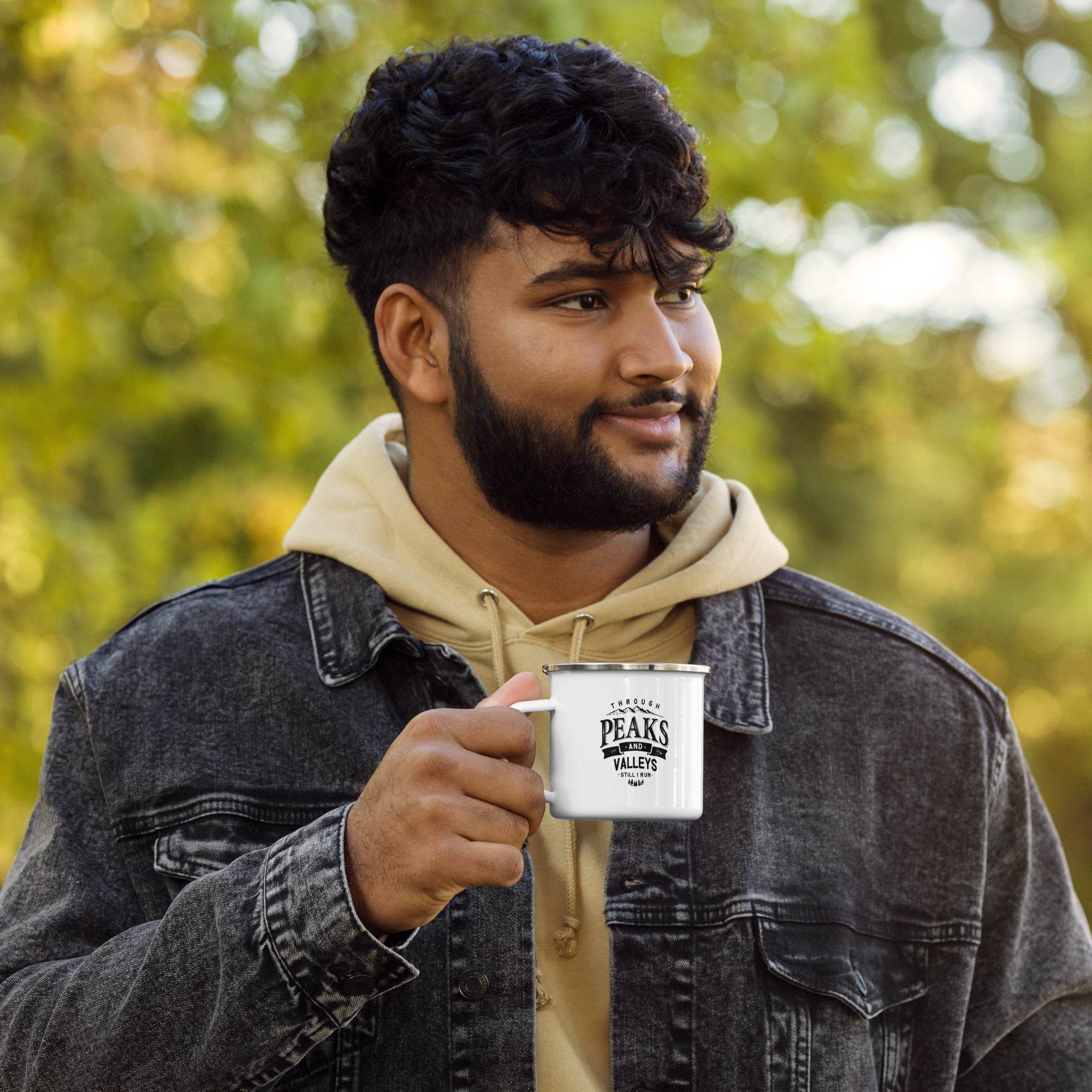 Through Peaks and Valleys — Enamel Camping Mug - Still I Run