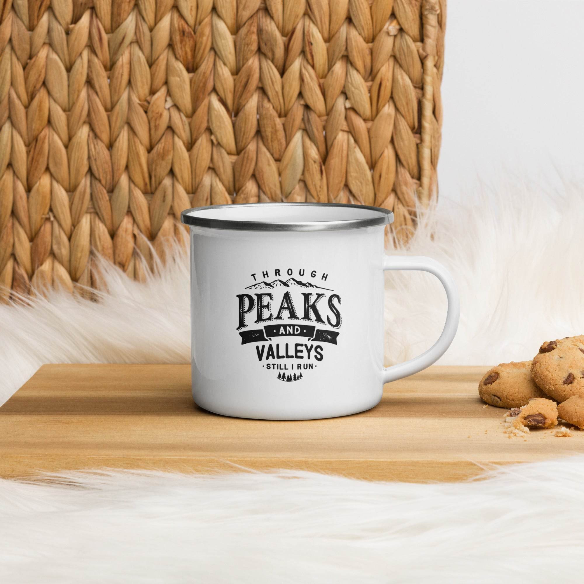 Through Peaks and Valleys — Enamel Camping Mug - Still I Run