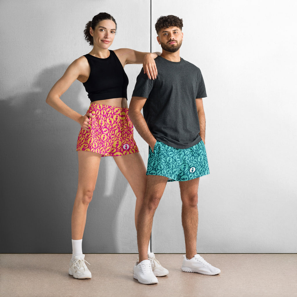Two people standing wearing the Movement Collections 2.53" inseam athletic shorts.