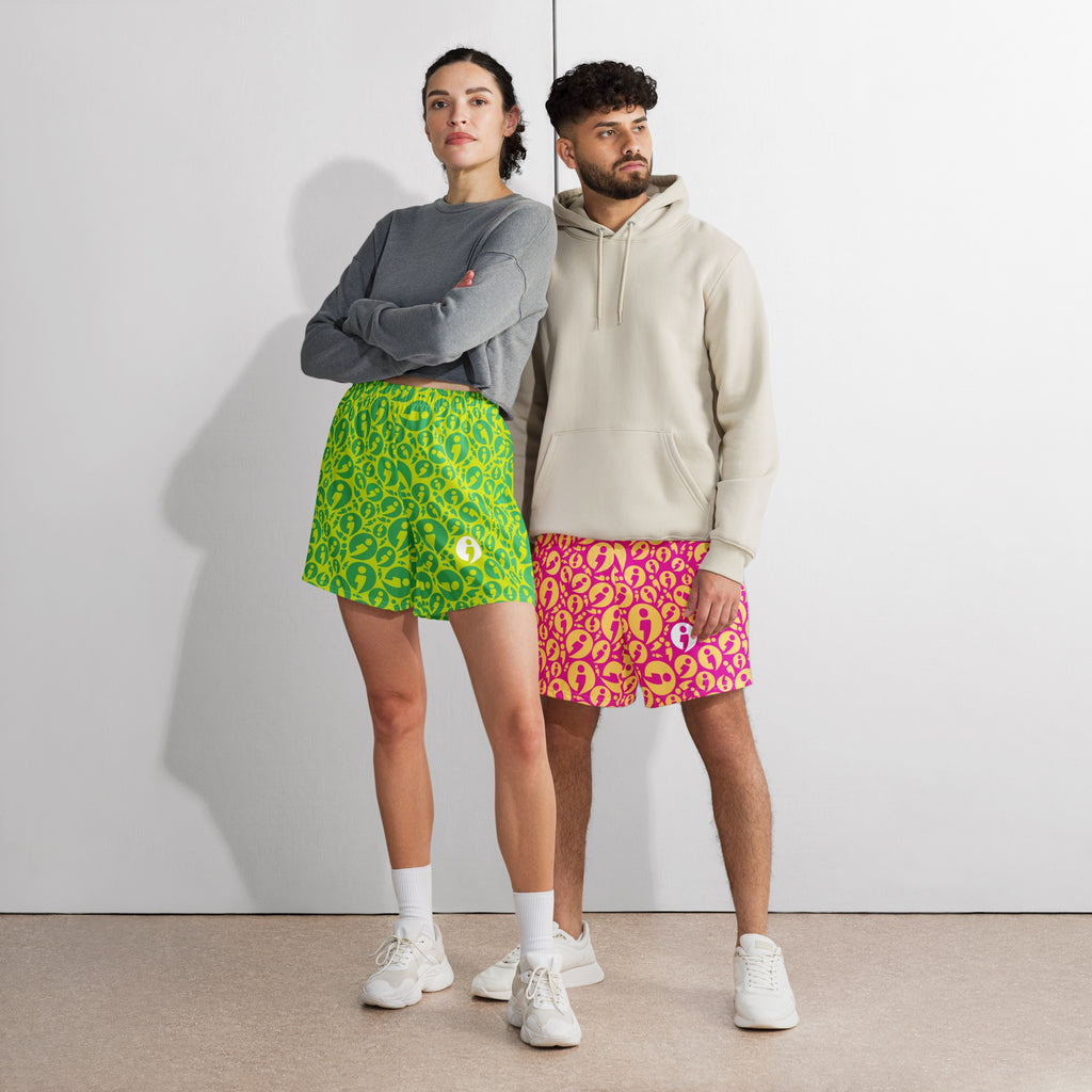 Two people wearing The Movement Collection's 6.3" inseam athletic shorts