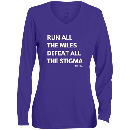 Run and Defeat - Ladies' Moisture-Wicking Long Sleeve V-Neck Tee